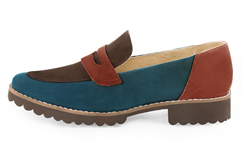 Peacock blue, chocolate brown and terracotta orange women's casual loafers. Round toe. Flat rubber soles. Profile view - Florence KOOIJMAN